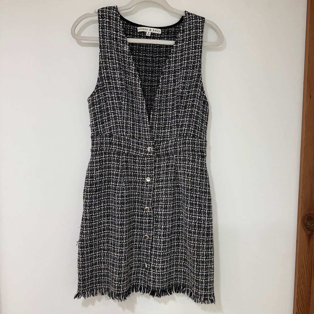 Allison & Kelly Tweed Sleeveless Mini Dress Women S Black White Fringe | Preppy